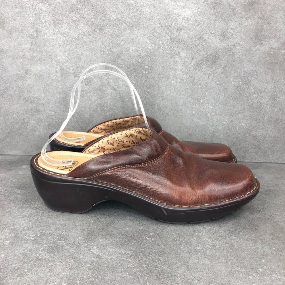 Sofft Leather Slip On Mules Square Toe, Brown, Women's 11 Narrow